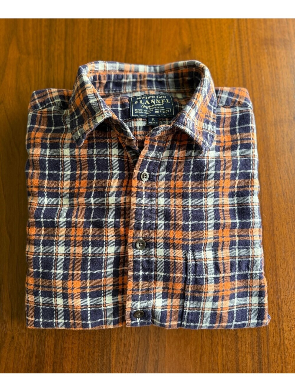 Flannel Authentic Shirt Original Wash Orange & Blue Plaid Button-Up - Size S